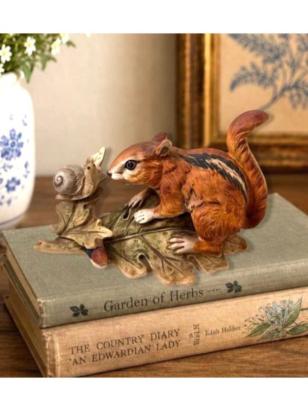 Vintage Ceramic Chipmunk Figurine With Snail On Leaf Base - Woodland Wildlife De